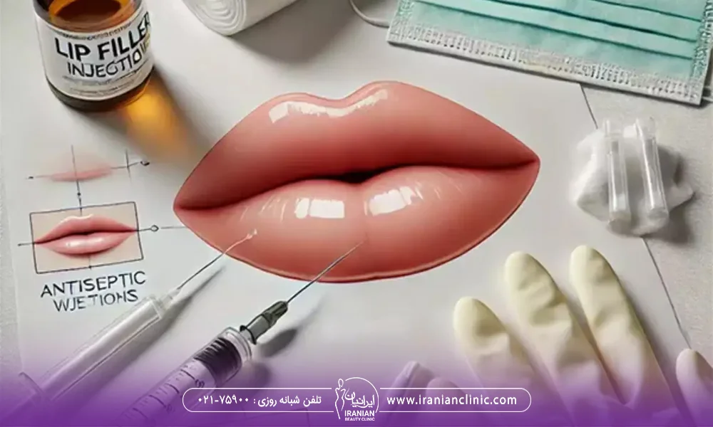 تصویر یک لب بر روی میز کار و یک دستکش پزشکی و یک سرنگ و یک ویال حاوی فیلر لب