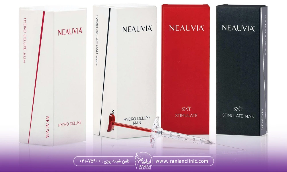 یک سرنگ فیلر نیوویا باز شده جلوی 4 جعبه مختلف از انواع فیلر Neauvia
